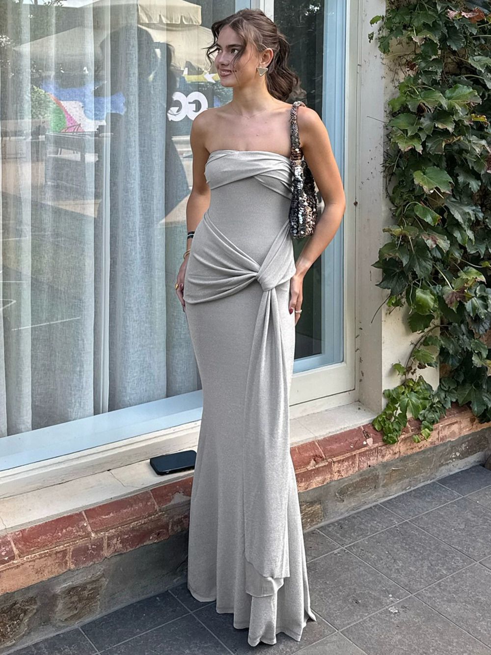 Zara Spring Summer Solid Color High Waist Slim Sleeveless Off Shoulder Dress